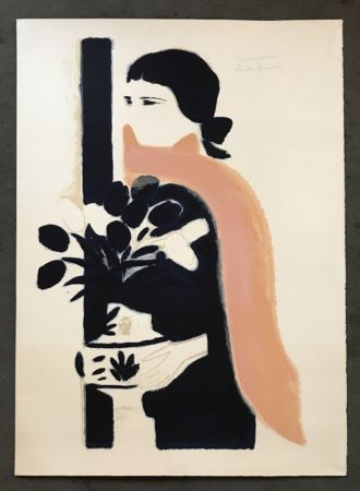 Lithographie Brasilier - Femme au châle rose et aux tulipes 