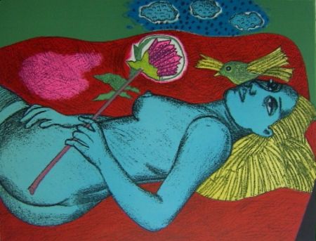 Lithographie Corneille - Femme au fleur australien