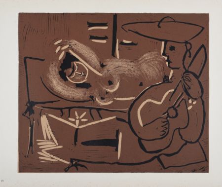 Linogravure Picasso - Femme couchée et guitariste, 1962