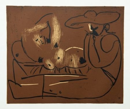 Gravure Picasso - Femme couchée et homme au grand chapeau