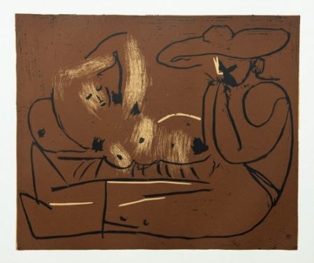 Gravure Picasso - Femme couchée et homme au grand chapeau