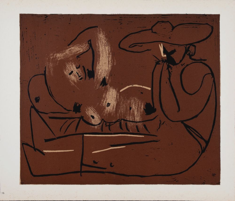 Linogravure Picasso (After) - Femme couchée et homme au grand chapeau, 1962
