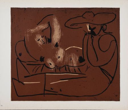 Linogravure Picasso - Femme couchée et homme au grand chapeau, 1962