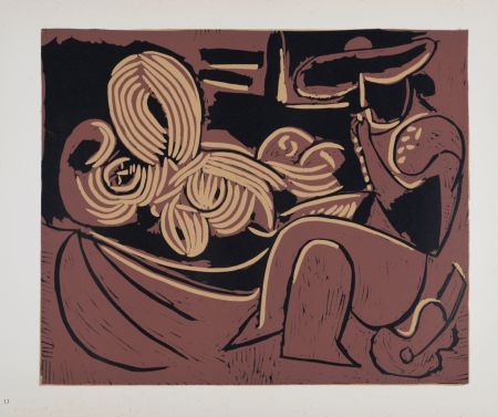 Linogravure Picasso - Femme couchée et homme à la guitare, 1962