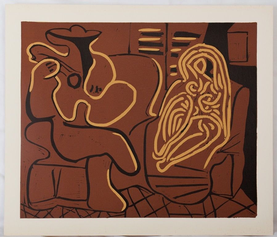 Linogravure Picasso - Femme dans un fauteuil et guitariste