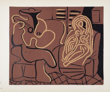 Linogravure Picasso (After) - Femme dans un fauteuil et guitariste, 1962