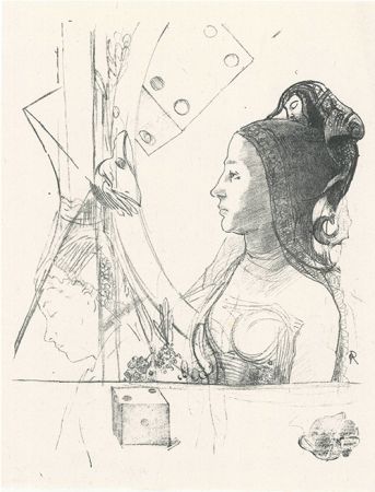 Lithographie Redon - Femme de profil, coiffée d'un hénin