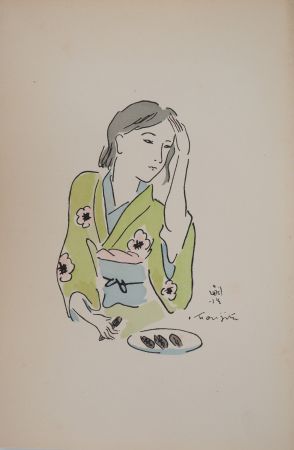 Gravure Foujita - Femme en kimono se coiffant
