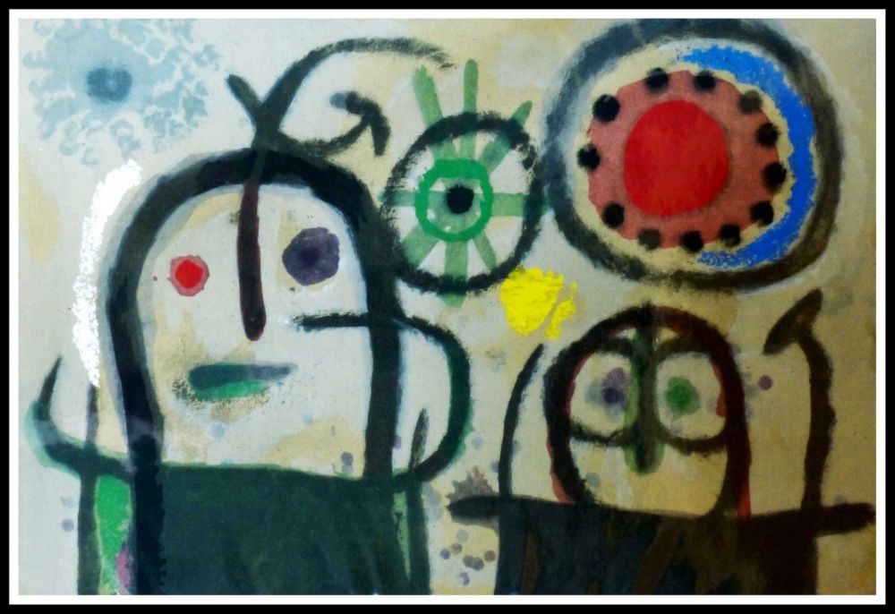 Pochoir de Joan Miró (After), FEMME EN PRIERE DEVANT LE SOLEIL sur 