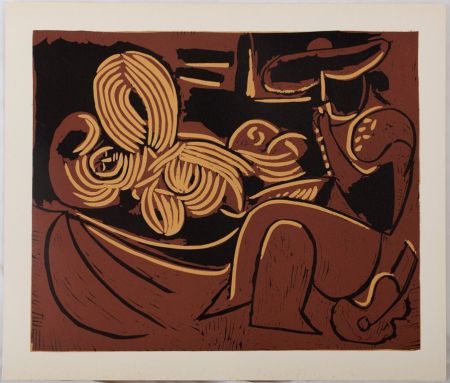 Linogravure Picasso - Femme et joueur de guitare