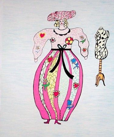 Lithographie De Saint Phalle - Femme et mannequin d'atelier de couture