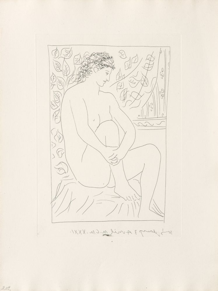Gravure Picasso - Femme nue assise devant un rideau