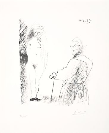 Lithographie Picasso - Femme nue et homme à la canne