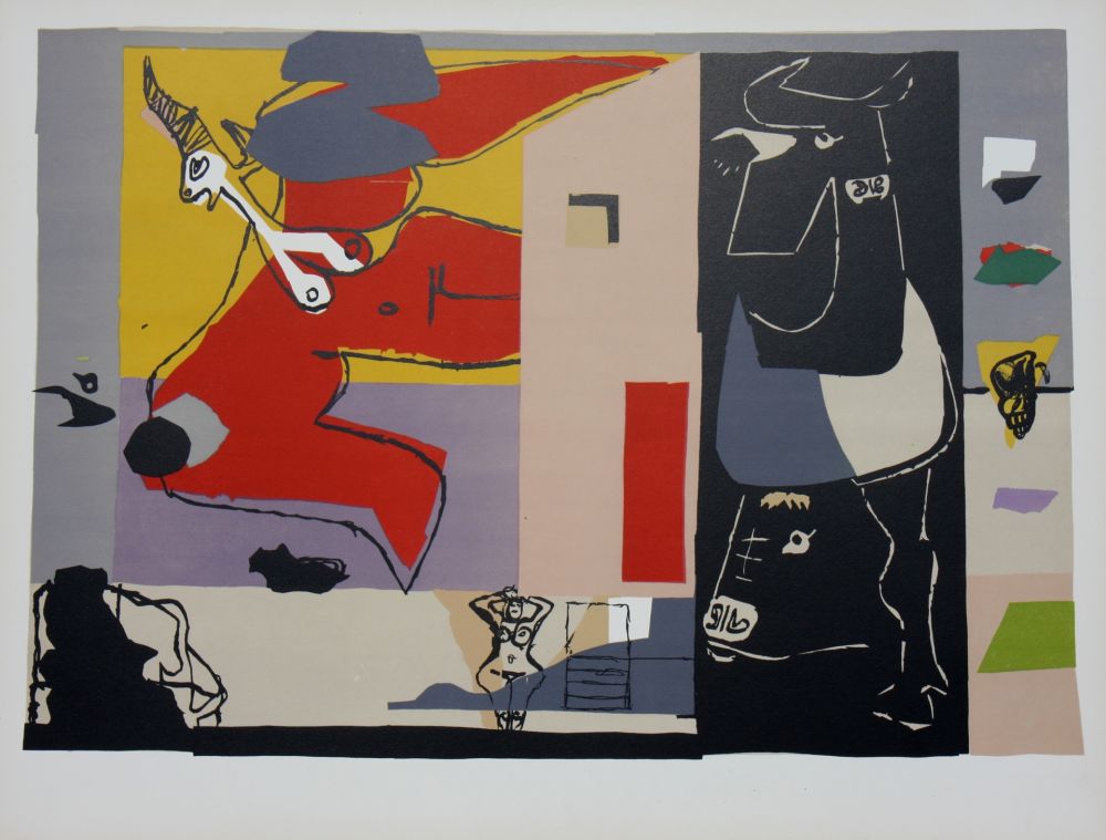 Lithographie Le Corbusier - Femme Unicorne et Taureau Noir