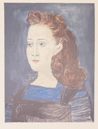 Lithographie Picasso - Femme à la collerette bleue