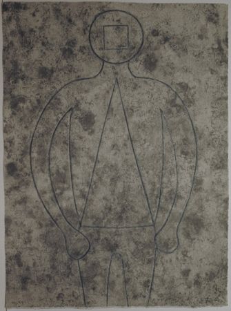 Carborundum Tamayo - FIGURA DE HOMBRE EN AZUL CON FONDO GRIS