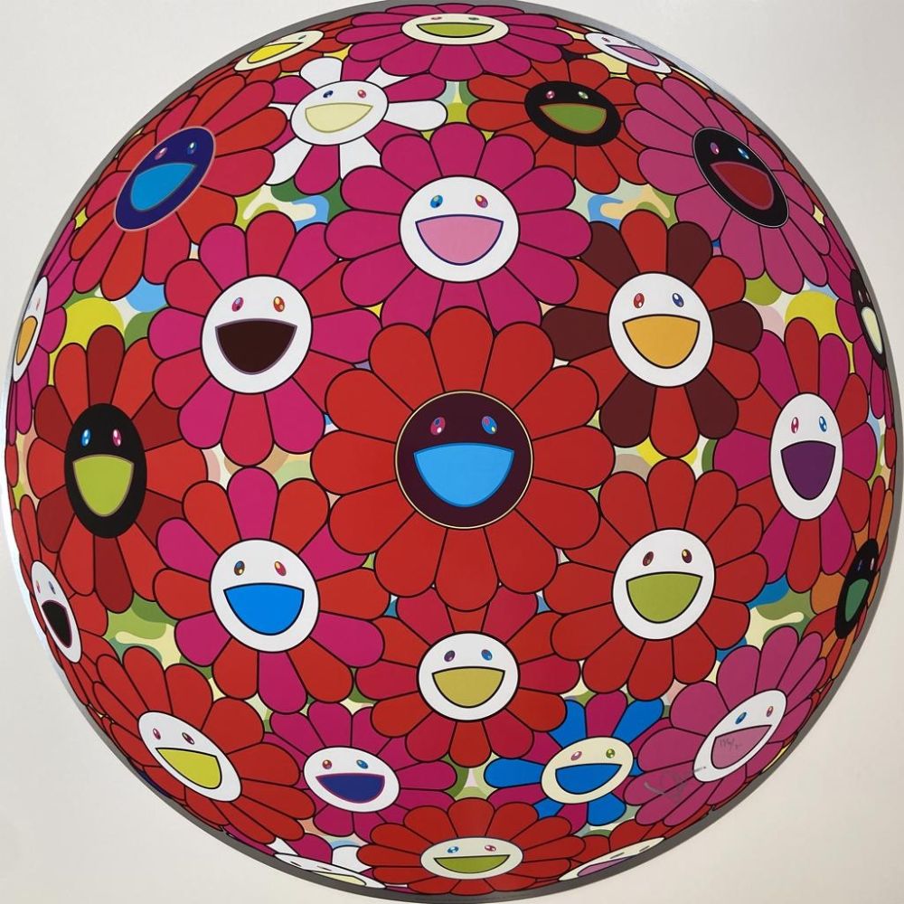 Lithographie Murakami - Flowersball (3D) - Red, Pink, Blue