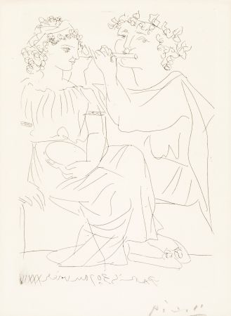 Gravure Picasso - Flûtiste et Jeune Fille au Tambourin (Flutist and Tambourine girl) from the Vollard Suite, 1934