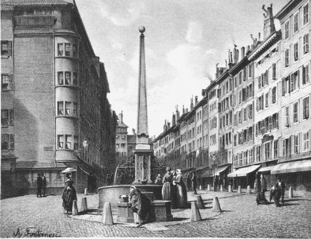 Lithographie Fontanesi - Fontaine et rue de Coutance