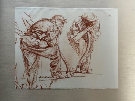 Lithographie Brangwyn - Frank Brangwyn - Limited Edition Lithograph entitled 'Deux charpientiers reposant sur leur herminette' 1927