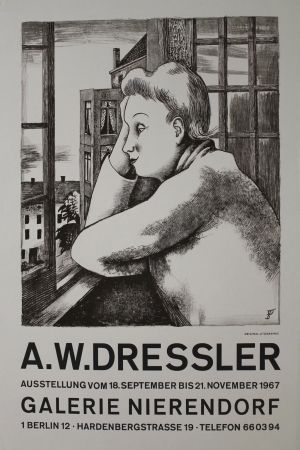 Lithographie Dressler - Frau am Fenster