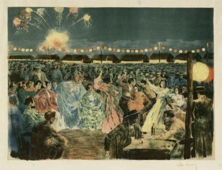 Lithographie Lunois - Fête de nuit sur les bords du Guadalquivir