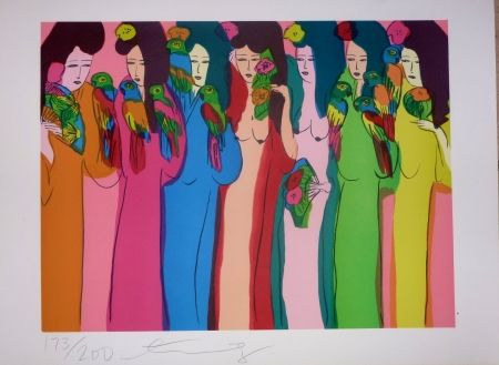 Lithographie Ting - Geishas et perroquets