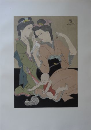 Gravure Foujita - Geishas à la colombe