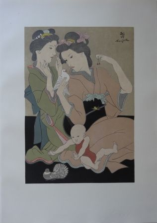 Gravure Sur Bois Foujita - Geishas à la colombe