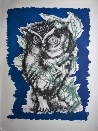 Lithographie Lurcat - Grand hibou et feuillages