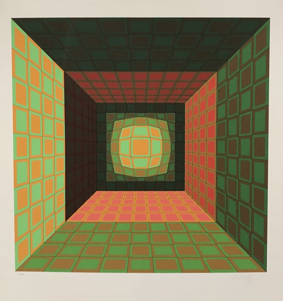 Sérigraphie Vasarely - Green and Orange Composition