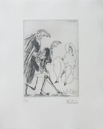 Eau-Forte Picasso - Grosse courtisane saluée par trois gentilshommes linéaires (Les 347, pl. 183)