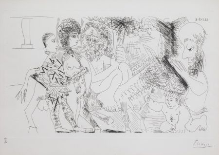 Gravure Picasso - Groupe avec Vieillard à la Torche sur un Ane Amoureux, Femme et Arlequin, (Bloch. 1484; Ba. 1499)