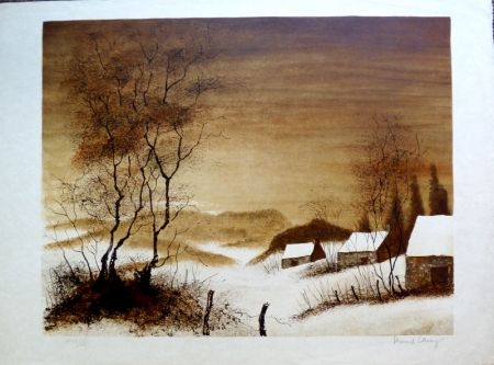 Lithographie Charoy - Hameau en Hiver