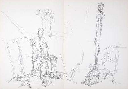 Lithographie Giacometti - Homme assis et sculptures, 1961