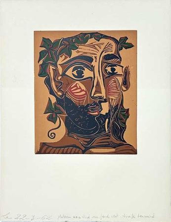Linogravure Picasso - Homme barbu couronné de vignes