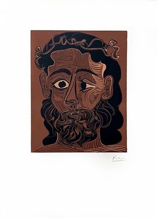 Linogravure Picasso - Homme barbu couronné de vignes