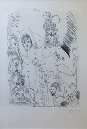 Eau-Forte Picasso - Homme barbu songeant à une scène des Mille et une nuits, avec derrière lui des ancêtres réprobateurs