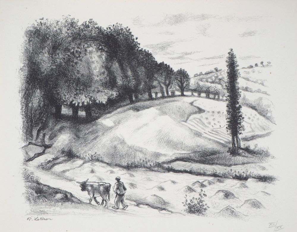 Lithographie Lotiron - Homme et vache dans un paysage