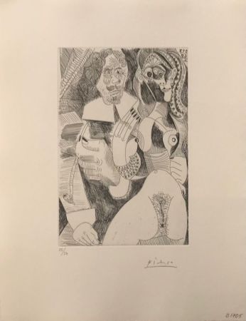 Eau-Forte Picasso - Homme rembranesque à la pipe et courtisane (Les 347, pl. 225) 