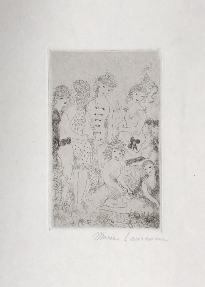 Gravure Laurencin - Huit filles dans un pré