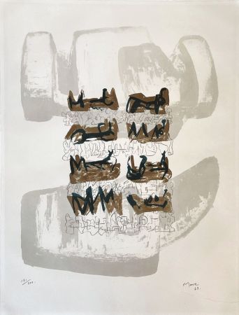 Lithographie Moore - Huit personnages allongés sur un fond rocheux 