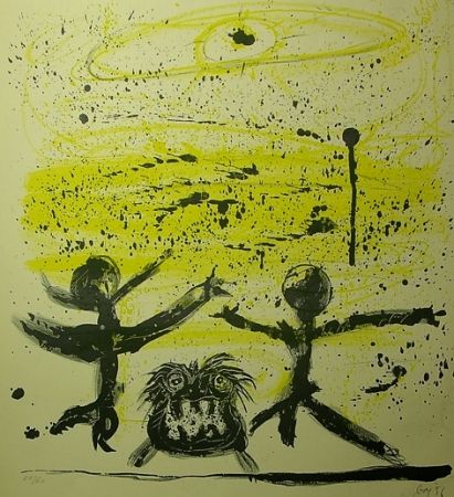 Lithographie Baj - Il cielo era giallo e due personaggi danzavano col loro cane