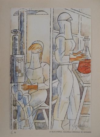 Lithographie Gromaire - Infirmières au laboratoire