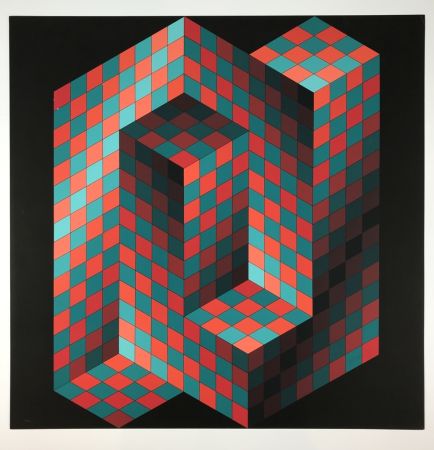 Lithographie Vasarely - Izzo-Rouge-Vert