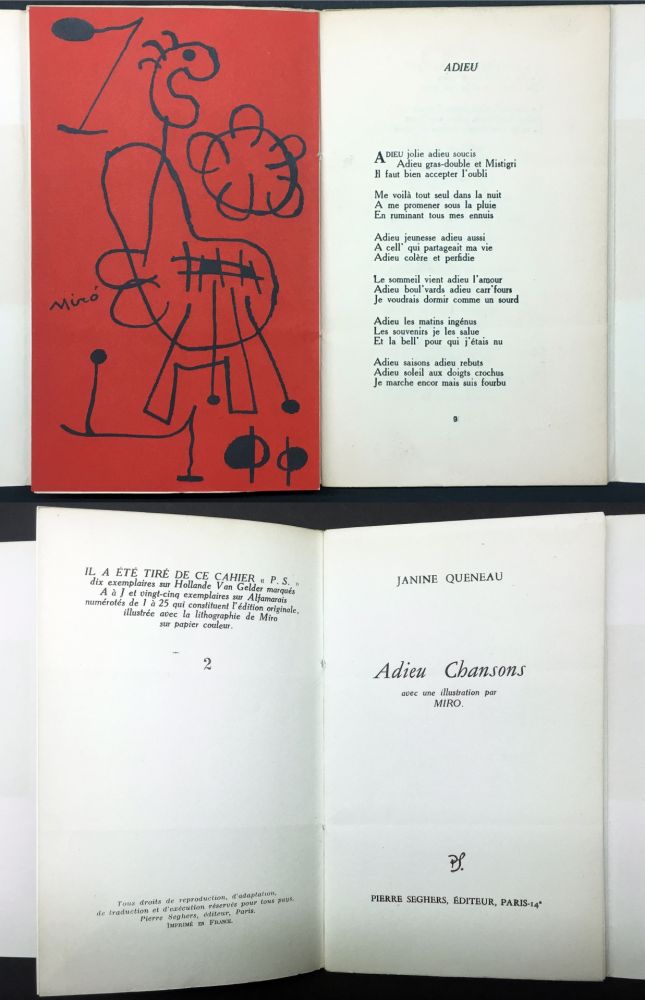 Livre Illustré Miró - Janine Queneau : ADIEU CHANSONS. Avec une illustration par Miro (1951).