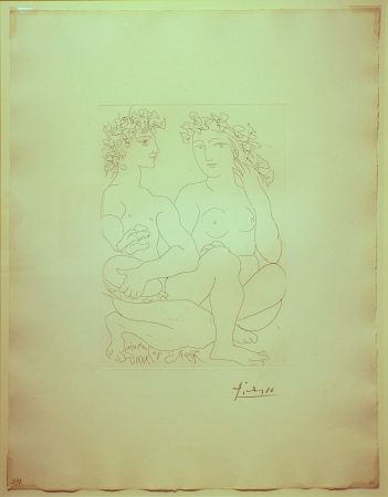 Gravure Picasso - Jeune Couple,Accroupi,l'Homme avec un tambourin
