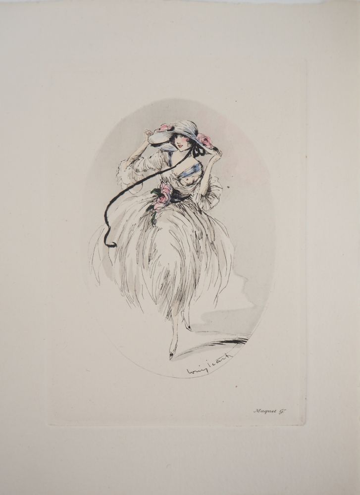 Gravure Icart - Jeune femme au chapeau paré de roses