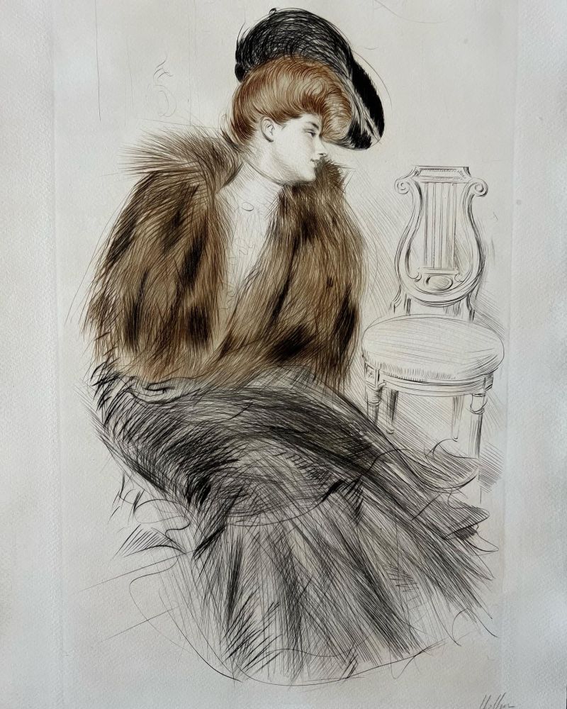 Eau-Forte Helleu - Jeune Femme au Manteau de Fourrure (