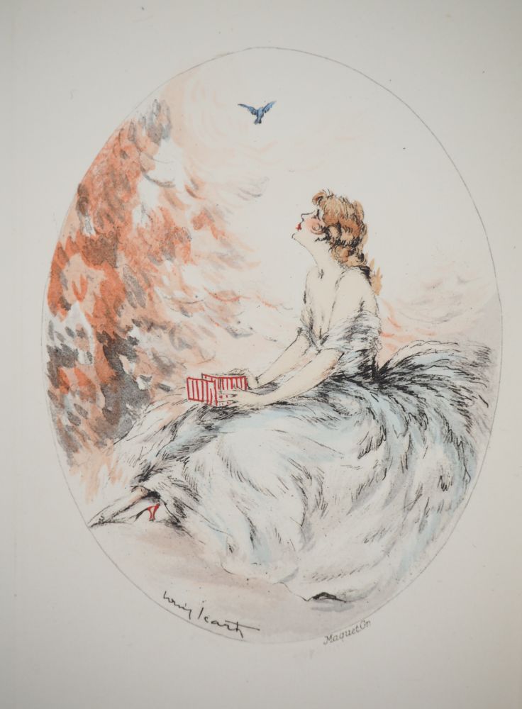 Gravure Icart - Jeune femme et l’oiseau libéré